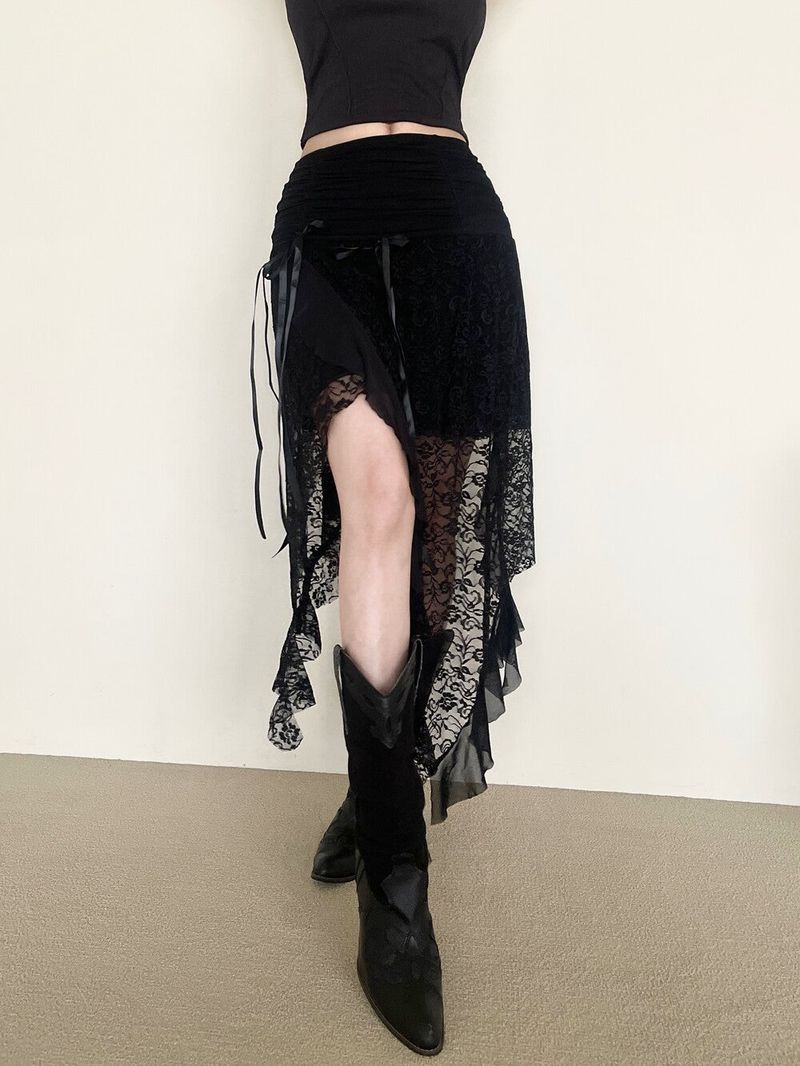 Seow（ソウ）の「1370. Lace slit ribbon long sk (2color)（Skirts）」