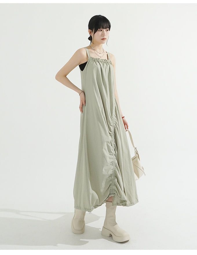 String Shirring Balloon Long Dress