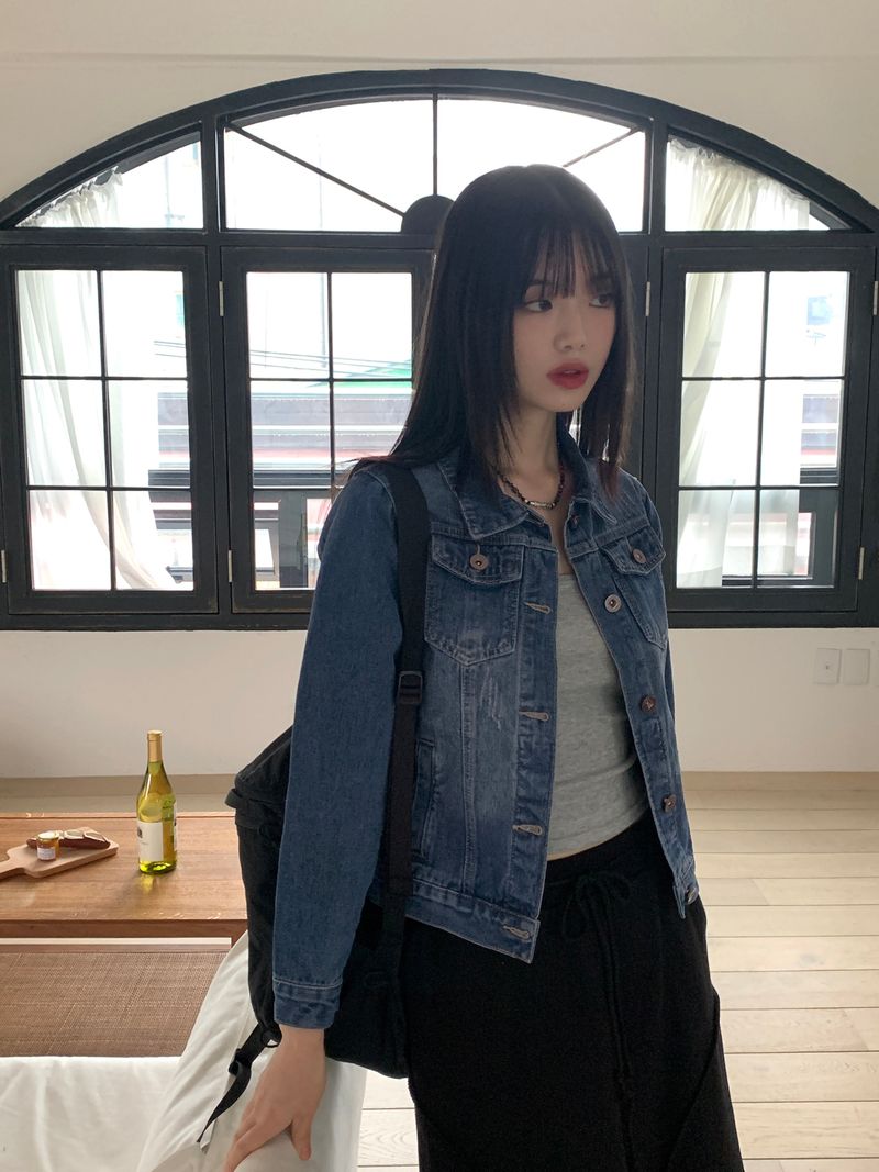 Turned damage slim fit denim jacket