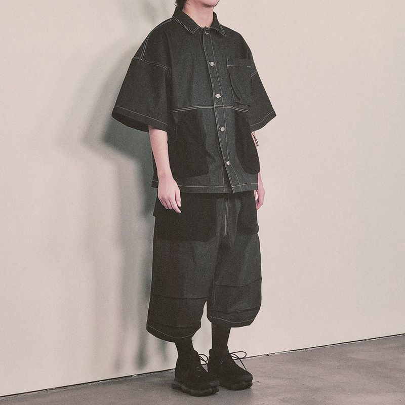 reverse terry pocket denim capri shorts_black