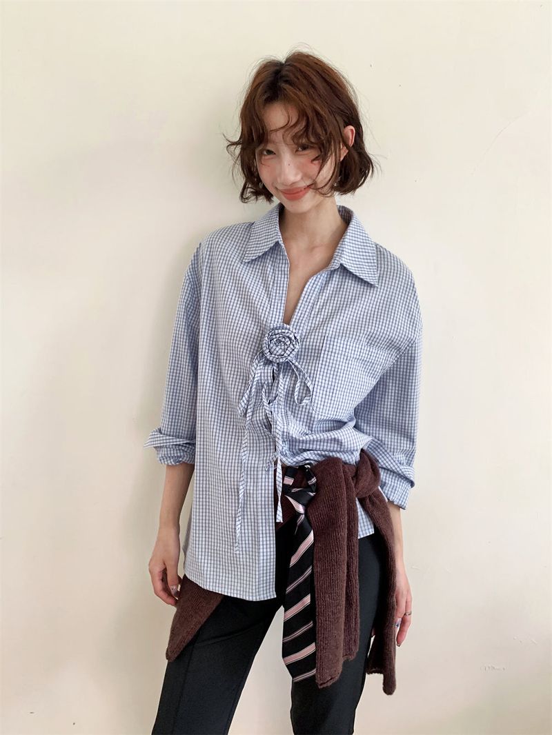 French Corsage Shirring Flower Tie Loose-Fit Check Shirt