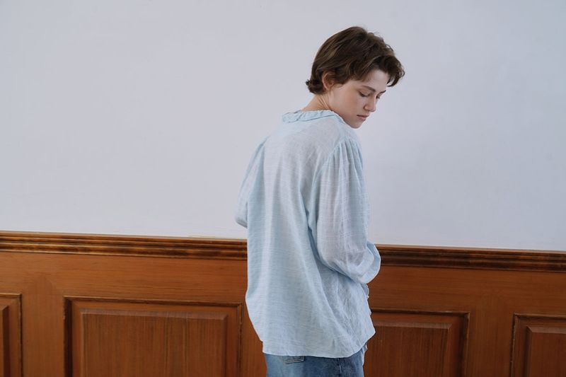 Ruffle shirring blouse_skyblue