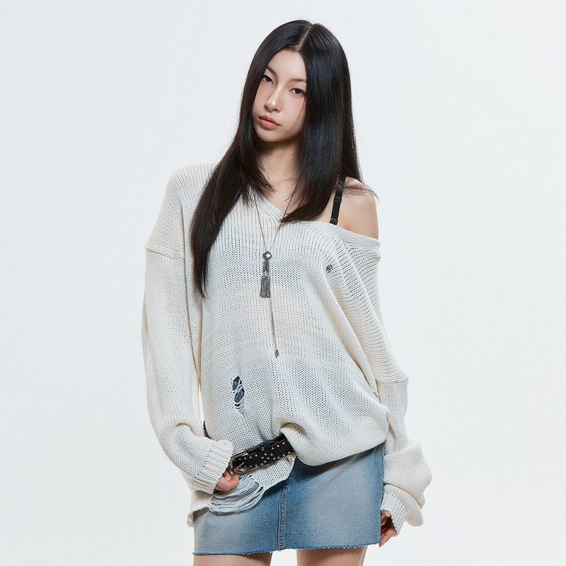 DAUSPICE(DUC)（ダウスピス）の「(DUC) Damaged Loose-Fit Knit Ivory（Tops）」