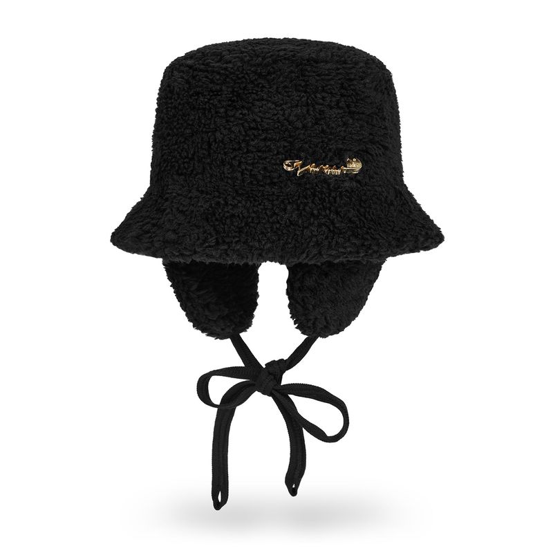 VARZAR Safety Pin Sherpa Fur Flap Bucket Hat / Black