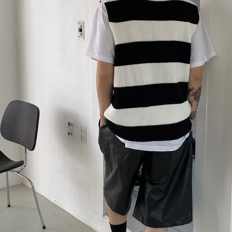 Stripe round neck knit vest 2C