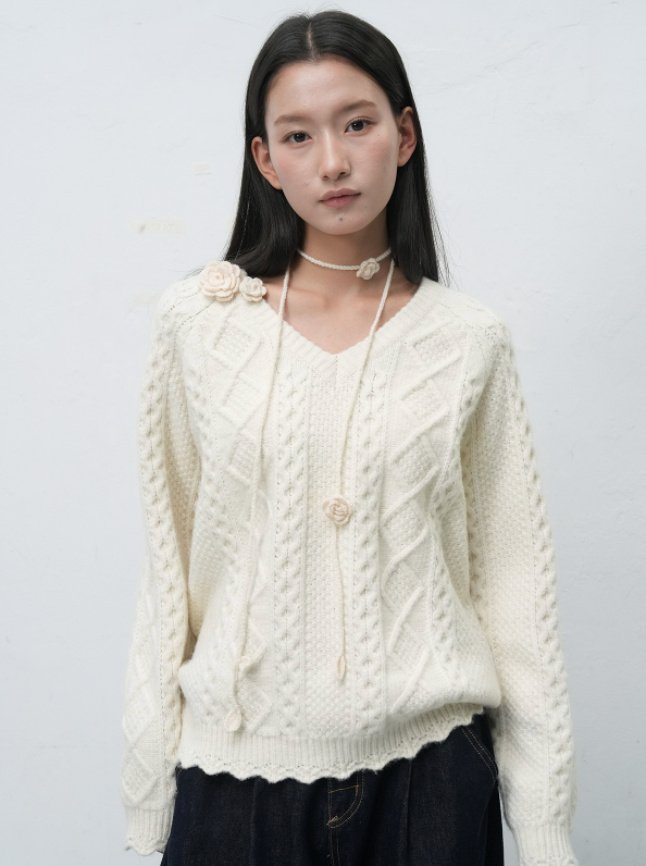 handmade knit flower strap - ivory