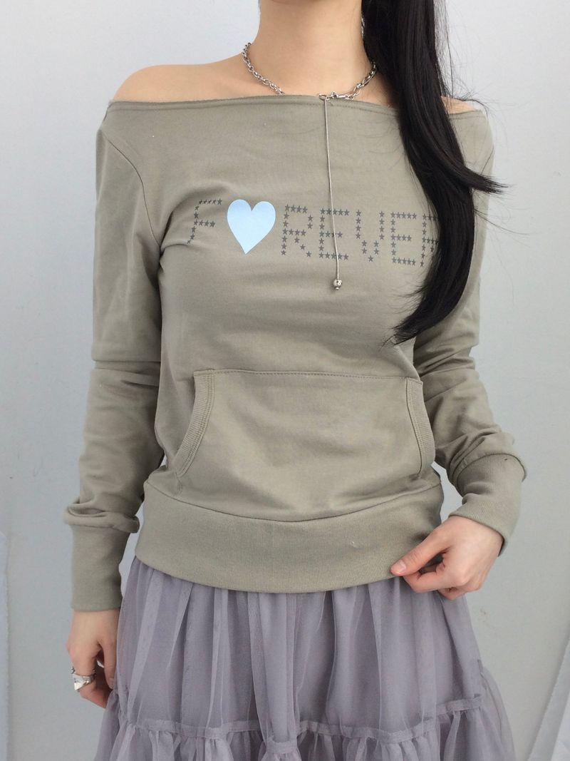 Lettering Heart Boat Neck T-Shirt