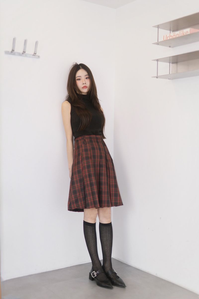 Red Preppy Checkered Midi Pleats Skirt