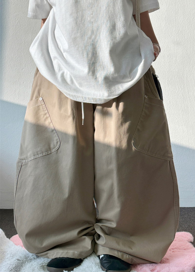 BACK PATCH 🇺🇸 COTTON RIVET BALLOON LONG PANTS 🍰💚🤎🖤 - 4 COLORS