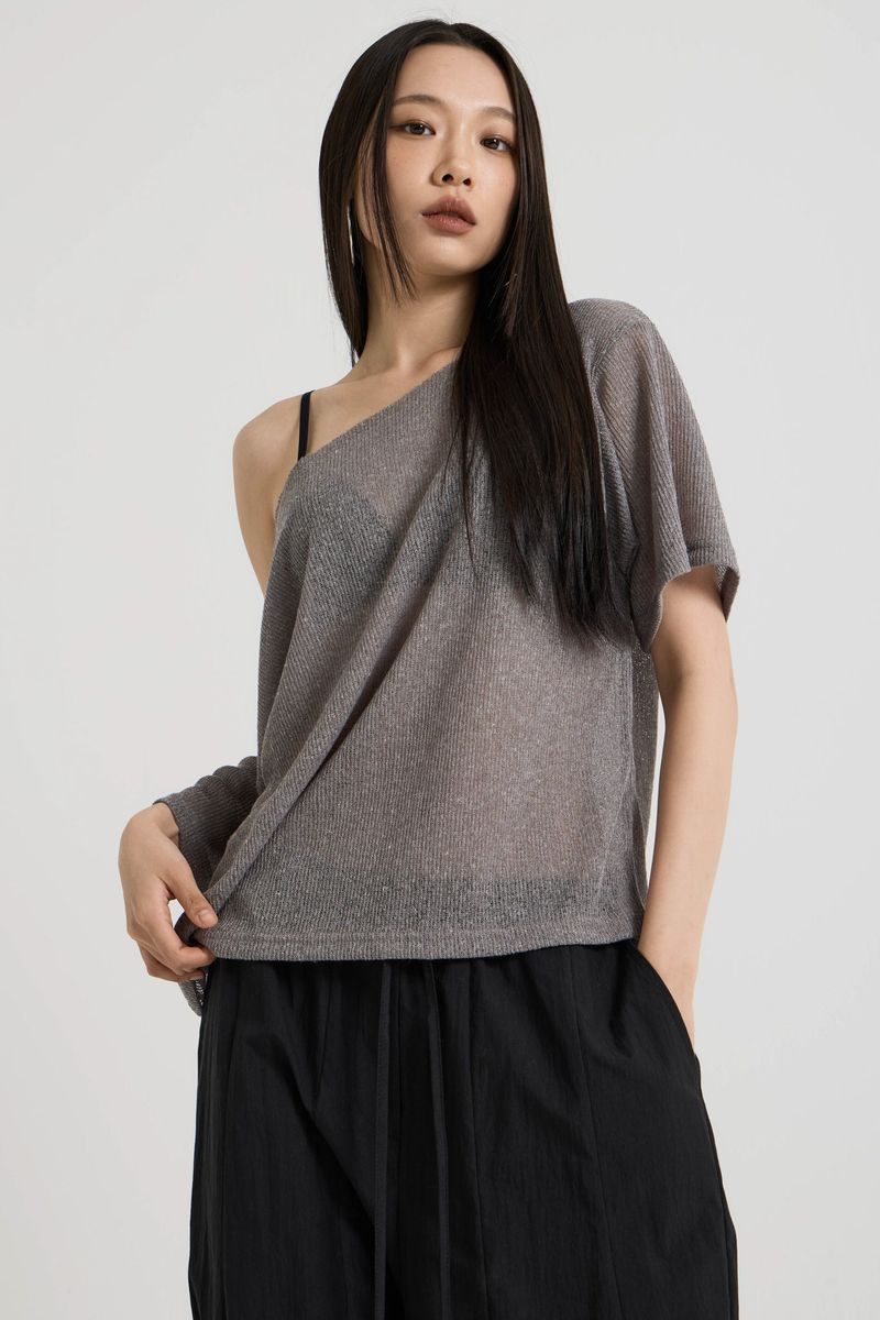 Knit one-shoulder t-shirt, Charcoal