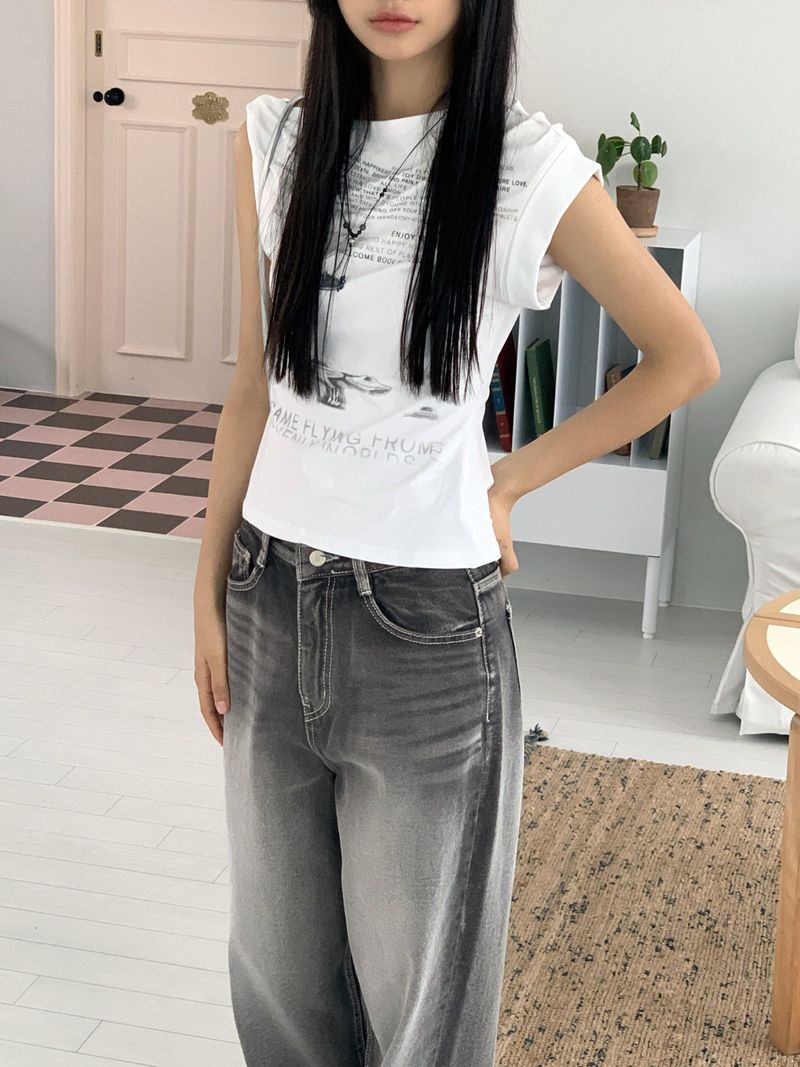 pebbled hip lettering unbalanced sleeve sleeveless