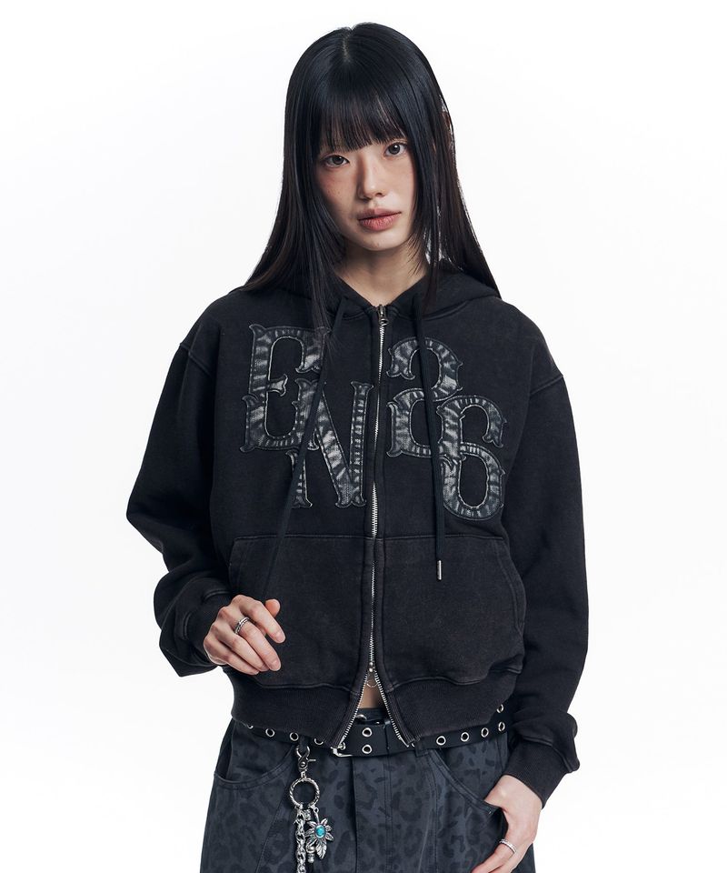 Washed Leather Patch Hooded Zip-Up - Black