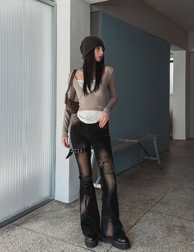 Ash Ribbed Deep Button Layered Long Sleeves