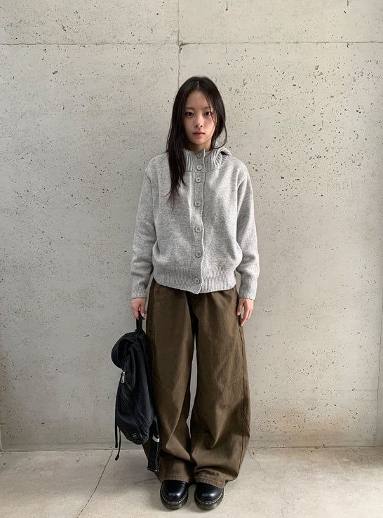 Mihro High Neck Hood Wool Knit Cardigan