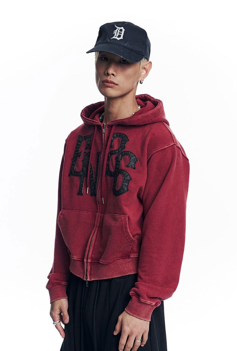 Washed Leather Patch Hooded Zip-Up - Wine