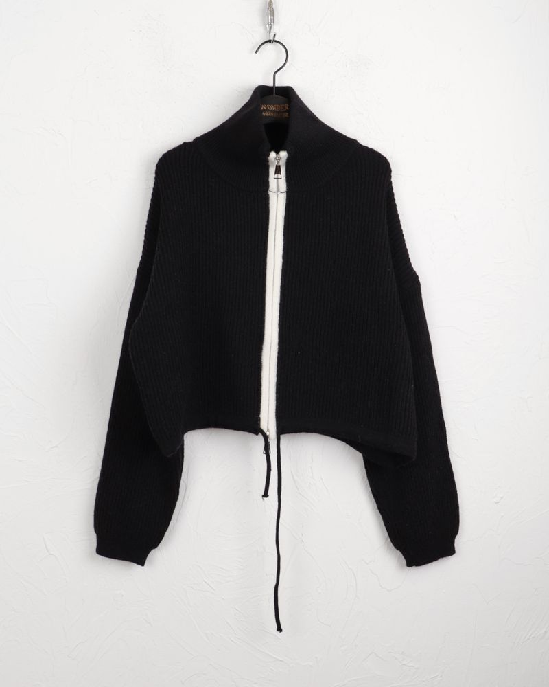 LB wool color combination ribbed string knit zip-up