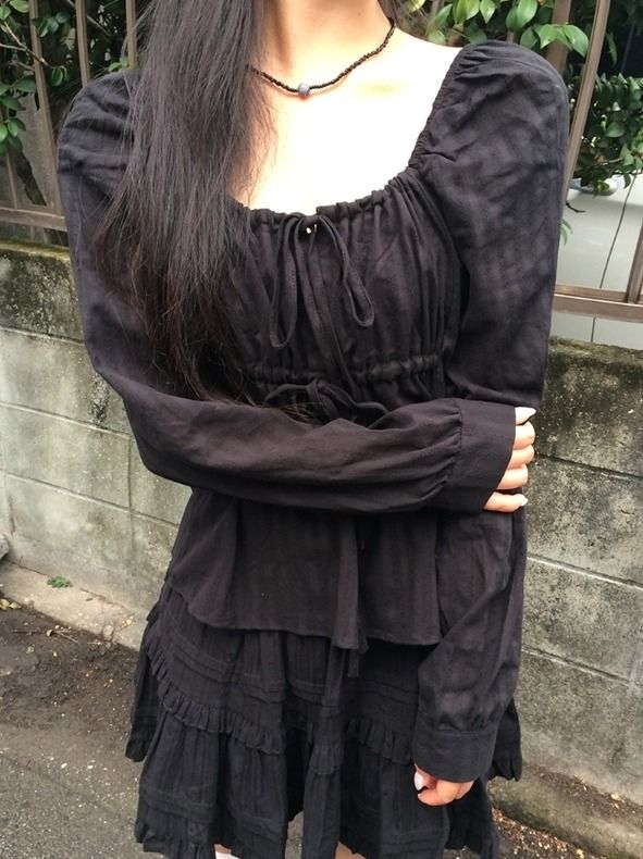 Murun Ribbon Strap Shirring Long Sleeve Blouse