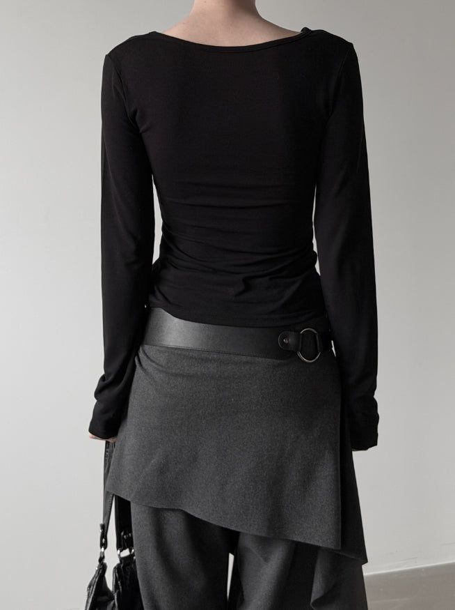 Wet Button Slit Zipper Long Sleeve Top