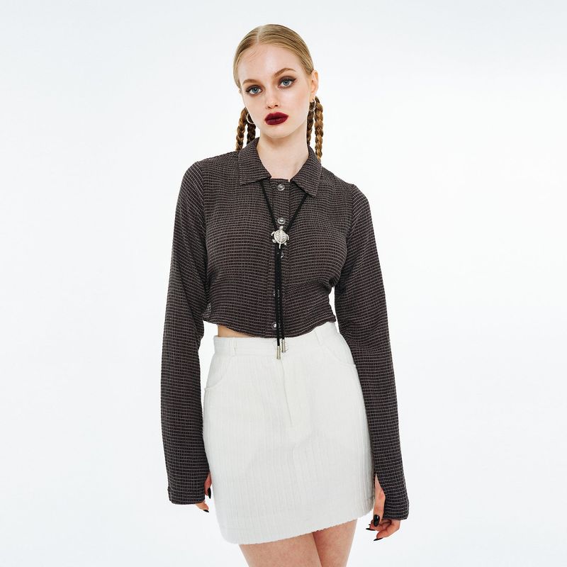 Back Open Ribbon Strap Shirt [Brown Wrinkle]