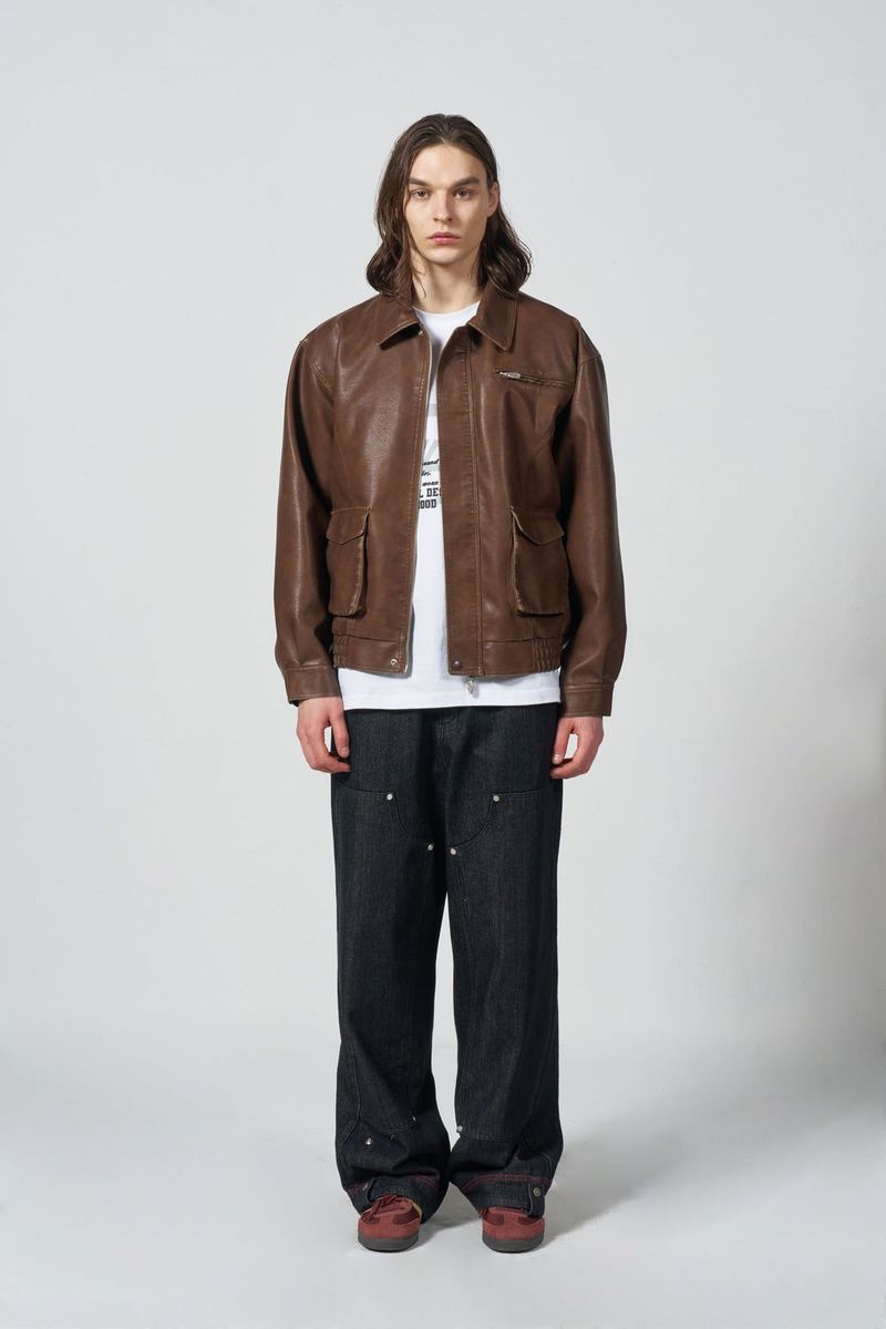 Vegan Leather Pocket blouson - BROWN