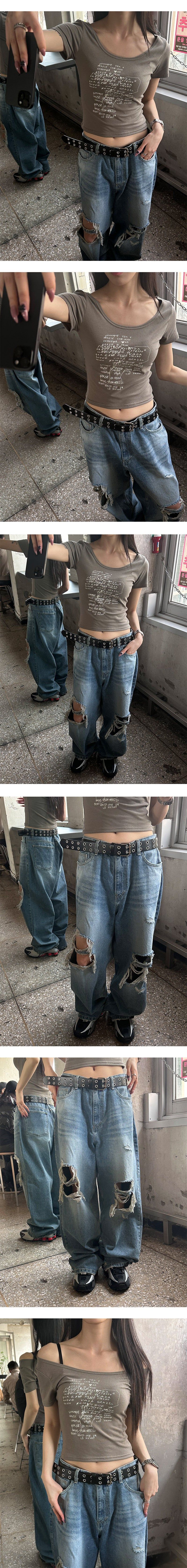  [Unisex] Knee destroyed wide denim pants