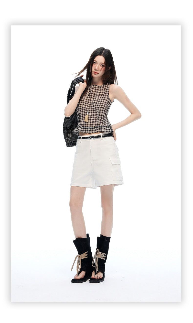 Mid Rise White Cargo Wide Leg Bermuda Shorts