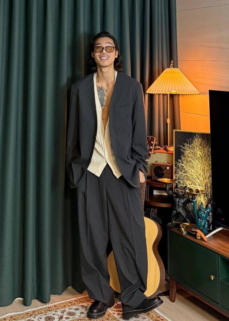 No-Collar Striped V-Zip Slacks 2COLOR
