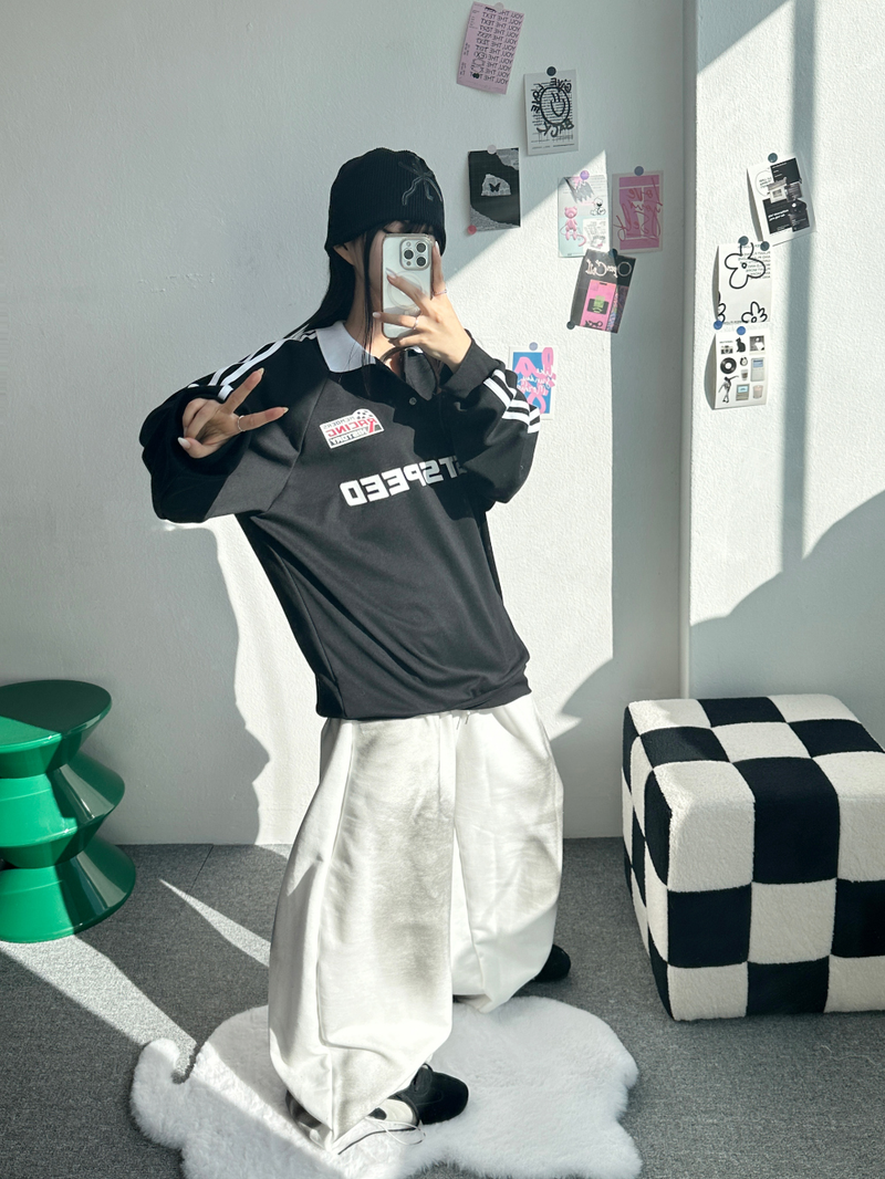 RAGLAN THREE-STRIPE COLLAR SWEATSHIRT🖤🩶🤍 - 3 COLORS