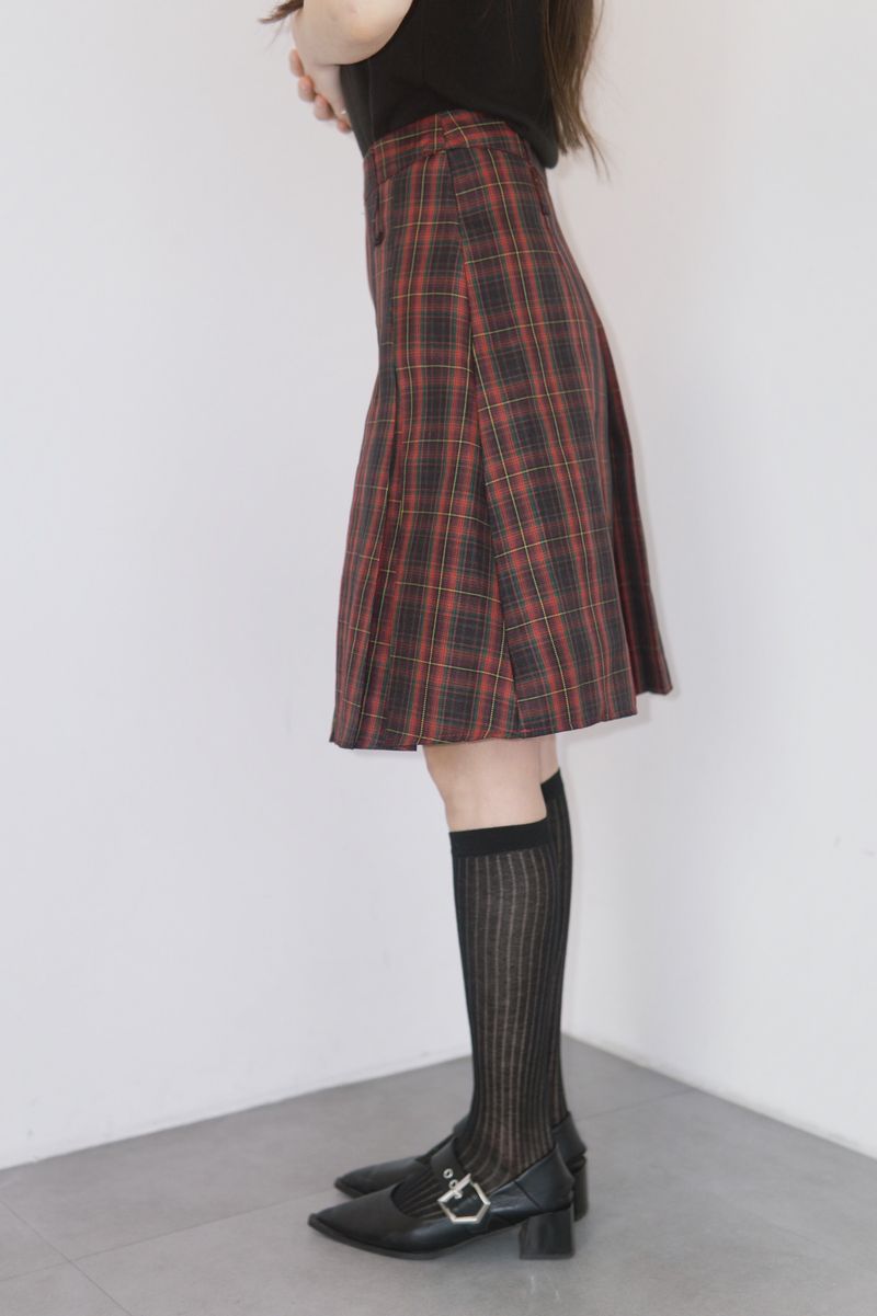 Red Preppy Checkered Midi Pleats Skirt