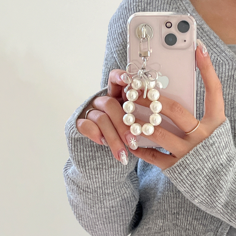 [handmade] silver ribbon pearl keyring (white)