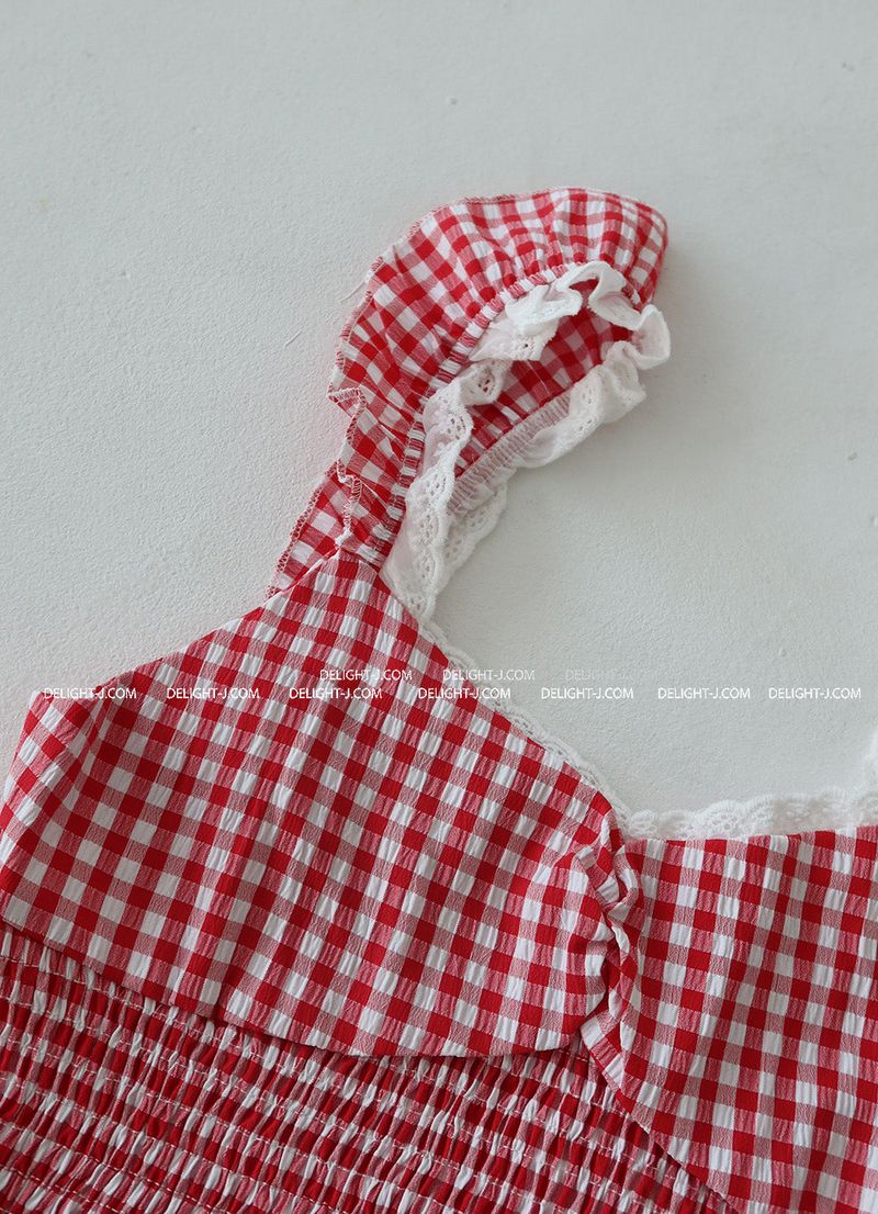 Check lace smoke banding blouse