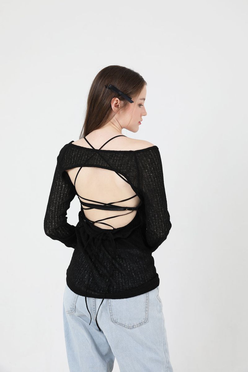See-Throught Back Slit Long Sleeve Knit Black