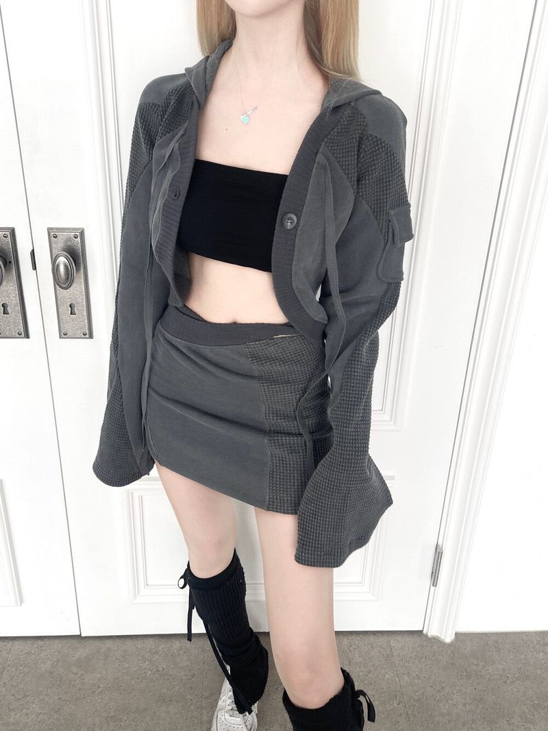 1236. Patchwork cargo crop hood cardi (3color)
