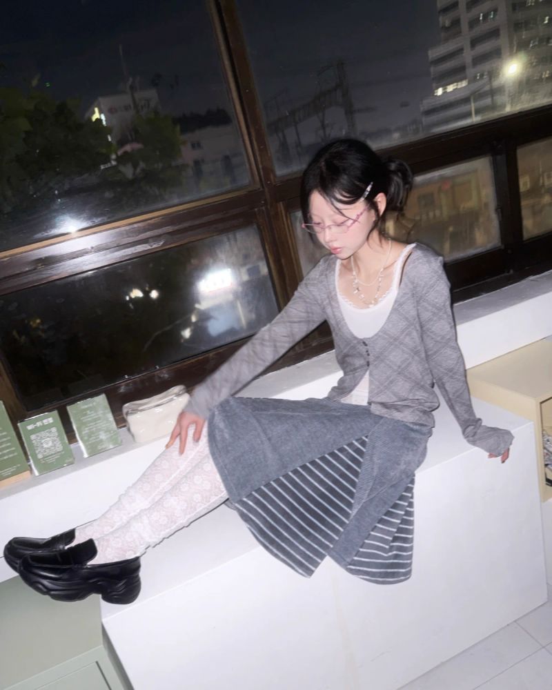 (2color) Flower Mix Stripe Flare Skirt