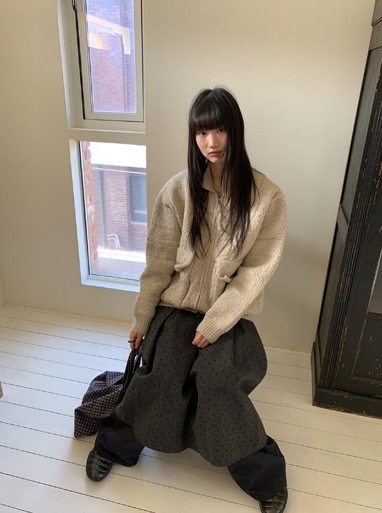 [unisex] Kamba Pocket Collar Cable Knit Zip-Up