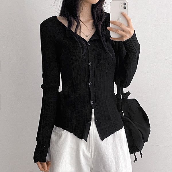 Flower Snap* Snit Slip Ribbed Knit Cardigan (4 colors)