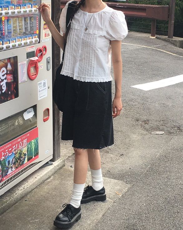 トクティ カットオフ ピンタック デニム バミューダ ショーツ