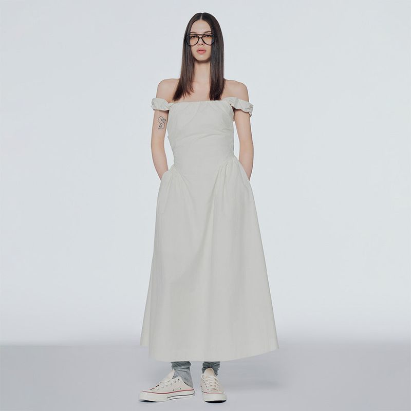 Off-the-shoulder shirred long dress