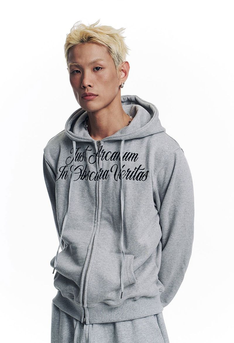 Lettering Embroidered Hoodie Zip-Up - Gray