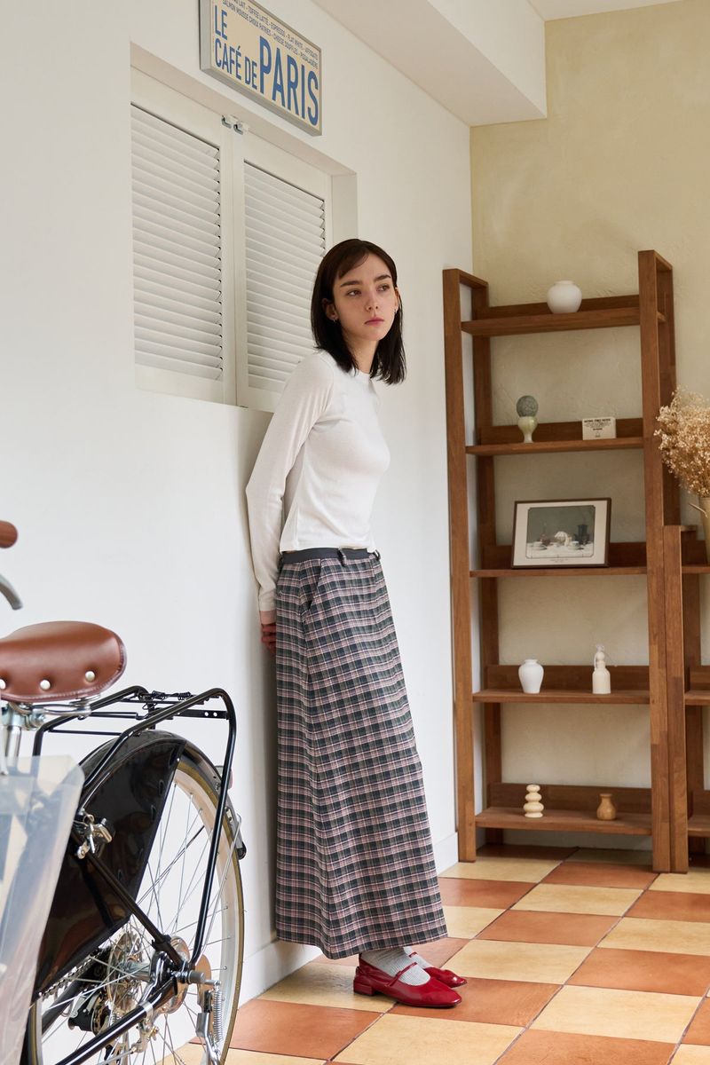 CHECK SLIT LONG SKIRT PINK