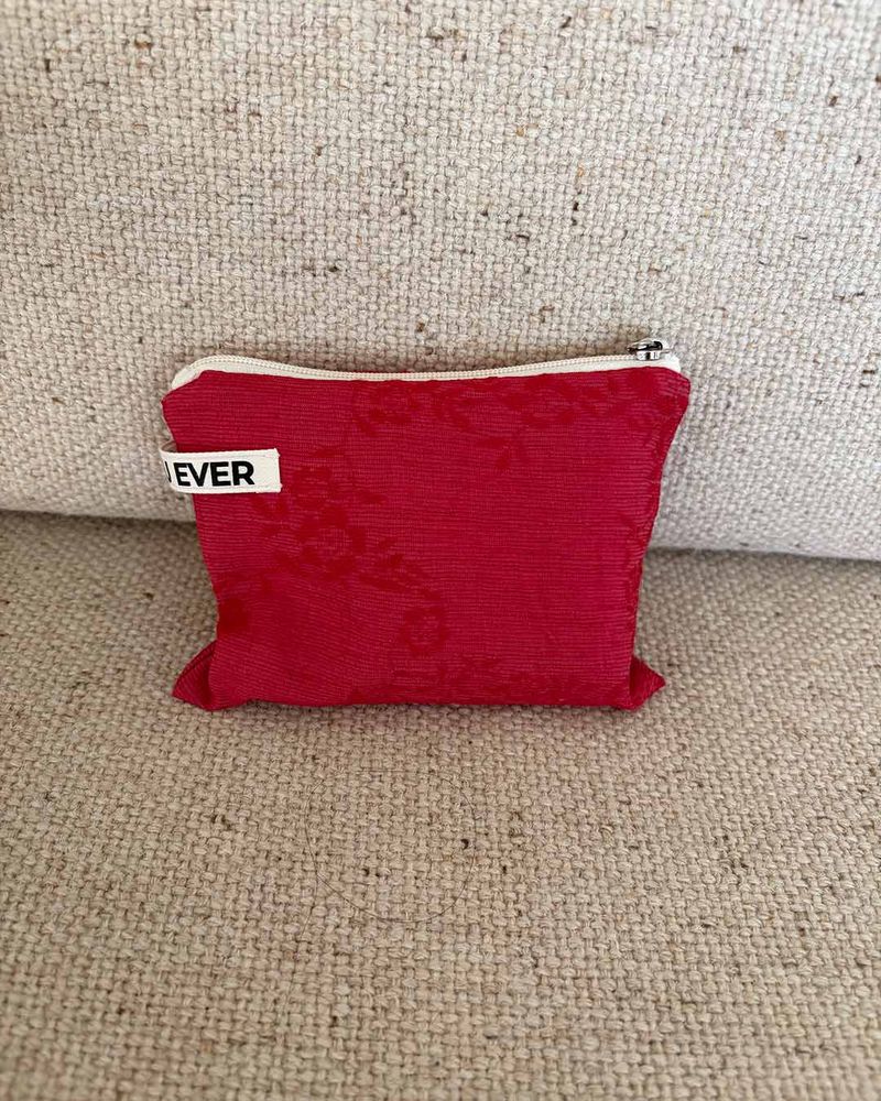 Linen floral flat pouch - red , M size