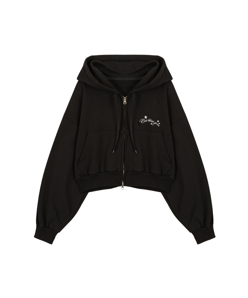 ITZAVIBE（イッザバイブ）の「CAT CROP HOOD ZIP UP - BLACK（Tops）」