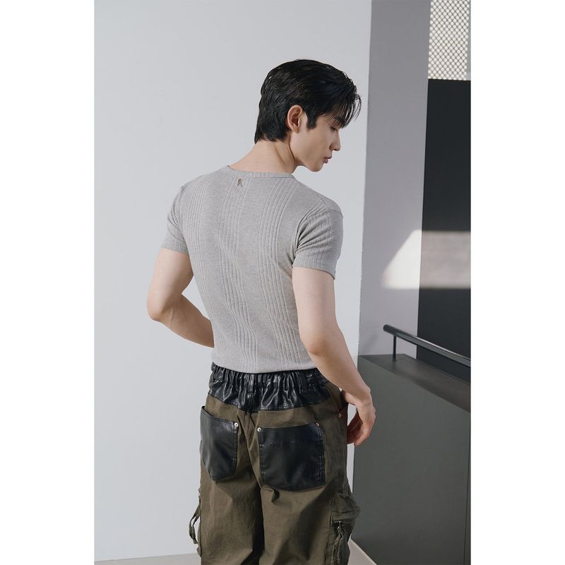 High ribbed henry neck half sleeves(Gray)