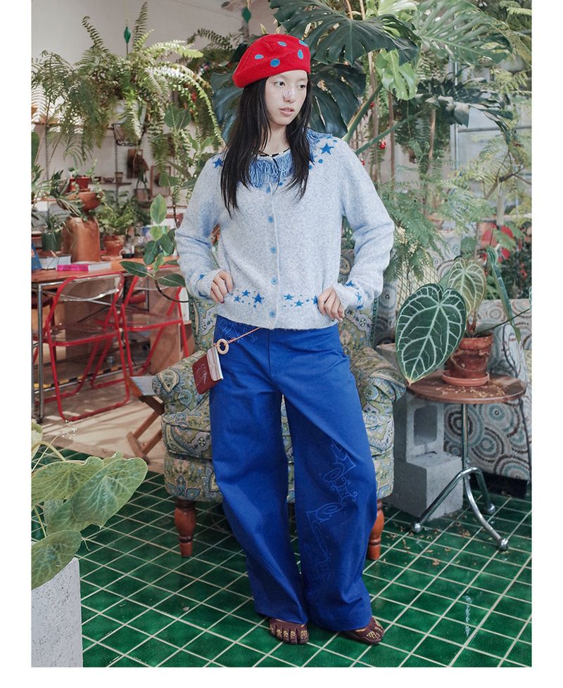 UnsocalNight2025 Original Literary Retro Autumn and Winter プリントブルーストレートマシェパンツ