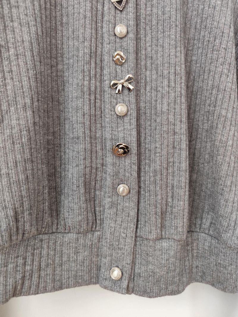 Brooklyn Silver Grey Button Craft Stripe Collar Knit Cardigan
