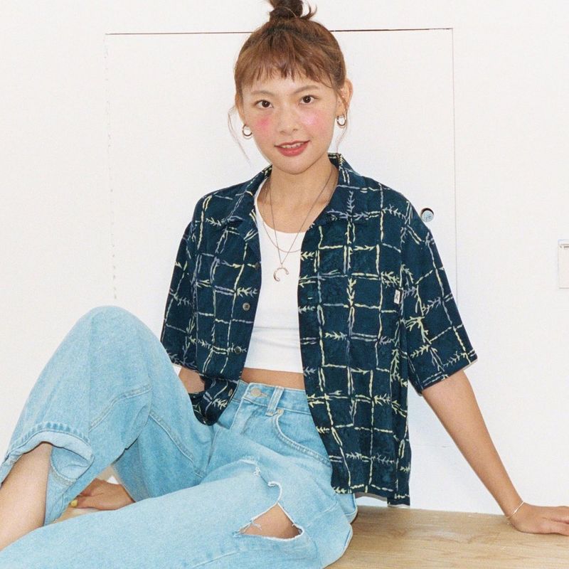 [Hawaiian Crop Shirt] Reef Check - Navy
