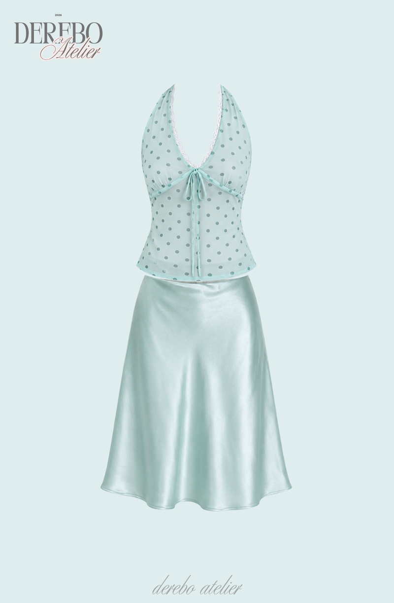 milk mint halter blouse silk skirt two-piece (SKIRT)