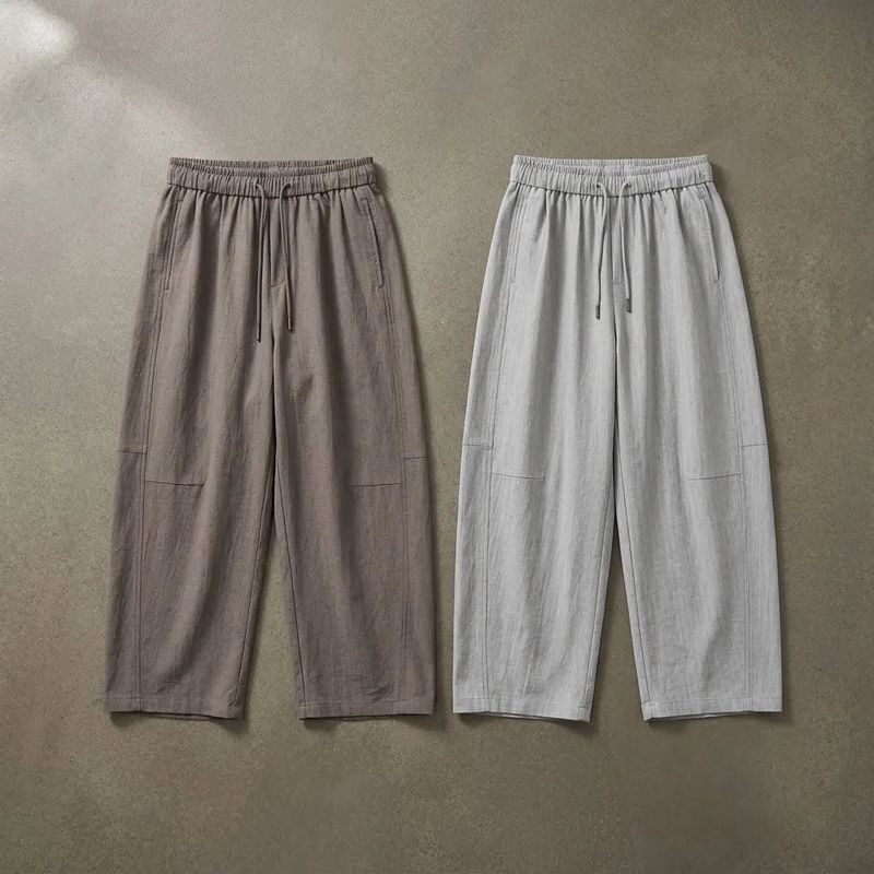 Curved Drawstring Linen Trousers