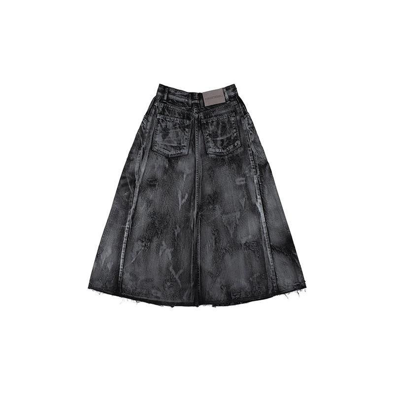 Damage Crack Washed Denim Skirt
