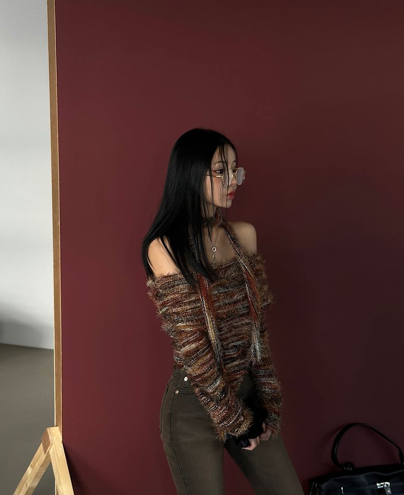 Muffler SET Off-Shoulder Mixed Knitwear